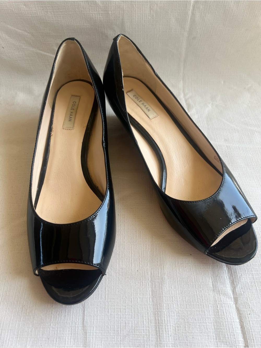 Cole Haan Black Patent Peep-Toe Wedge Heels